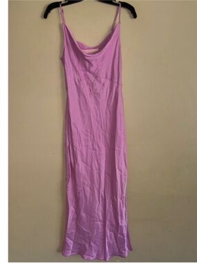 By Anthropologie Pink Cowl Neck Satin Maxi Slip Dress Double Leg Slits Size XS